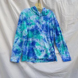 Balance Collection Hooded T Shirt, Blue/Green Tie Dye Long Sleeve. Women's L